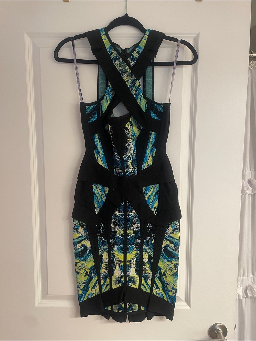 Herve Leger Blue, Yellow & Black Crisscross Bandage Mini Dress